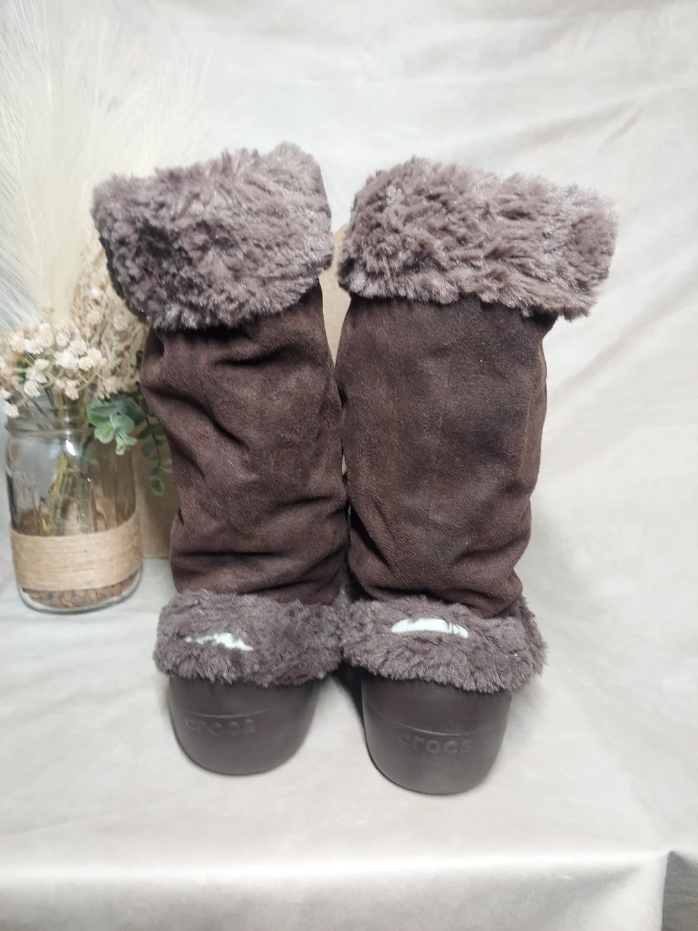 Crocs Nadia Winter Boots Brown Faux Fur Light Blue Laces Women’s Size 9